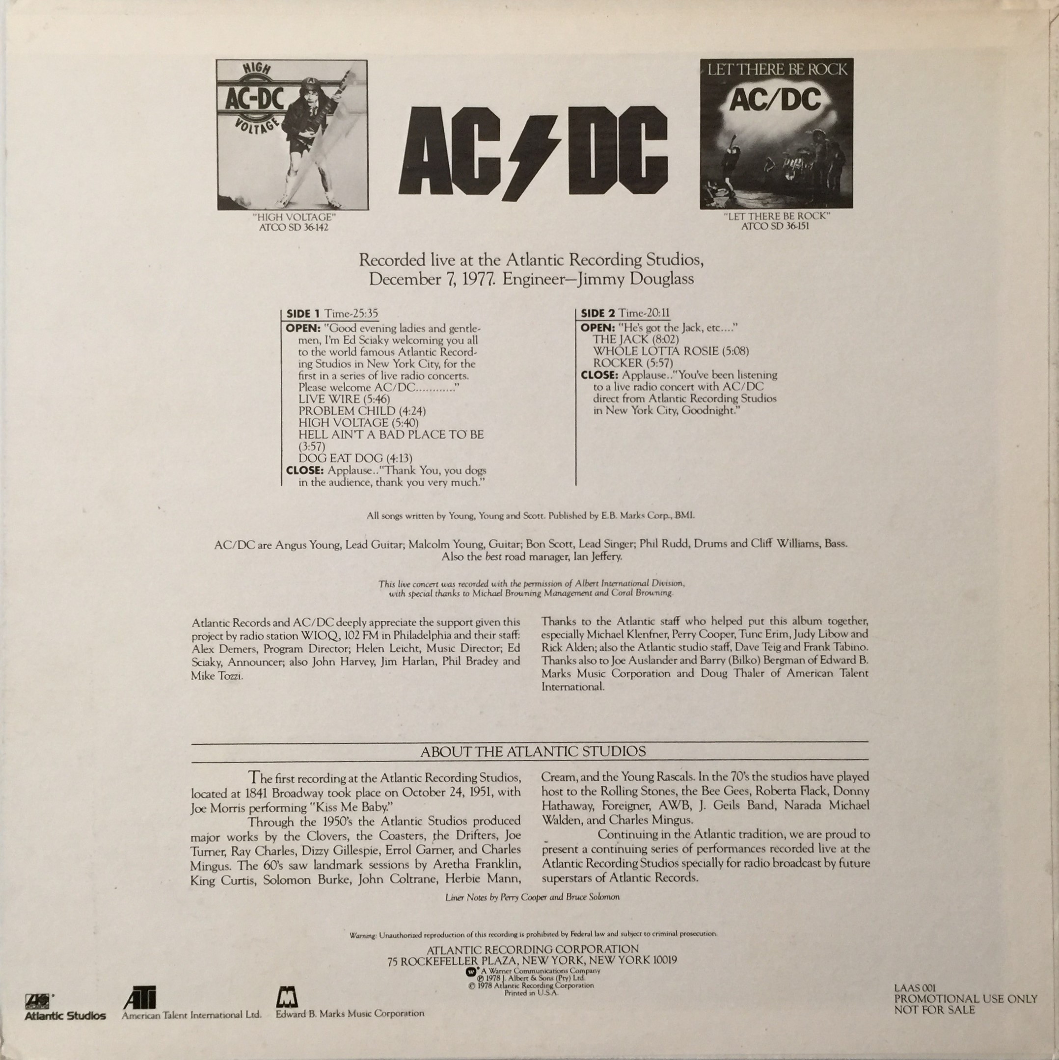 Lot 329 - AC/DC - LIVE FROM THE ATLANTIC STUDIOS LP