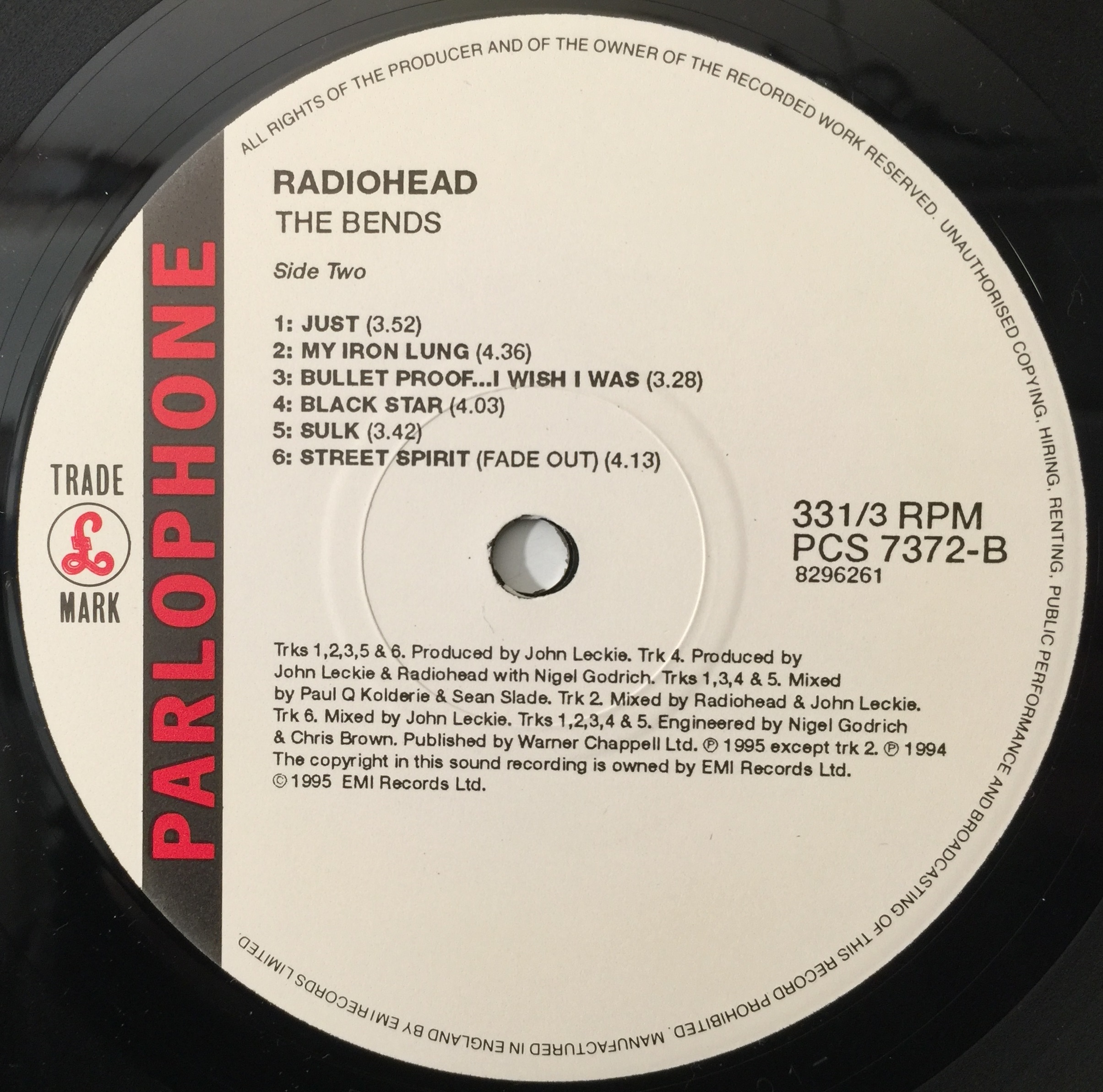 Lot 8 - RADIOHEAD - THE BENDS LP (2ND UK PRESSING