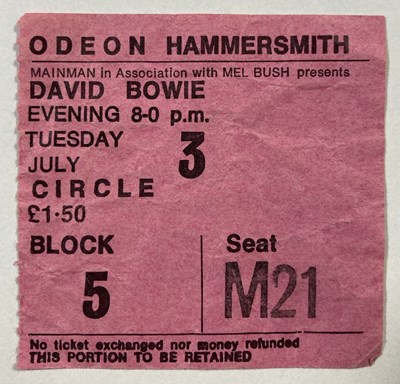 Lot 277 - DAVID BOWIE - A RARE TICKET STUB FOR THE 'FINAL' ZIGGY CONCERT.