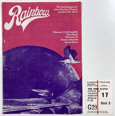 Lot 276 - PINK FLOYD - AN ORIGINAL PROGRAMME AND TICKET STUB, RAINBOW, 1972.