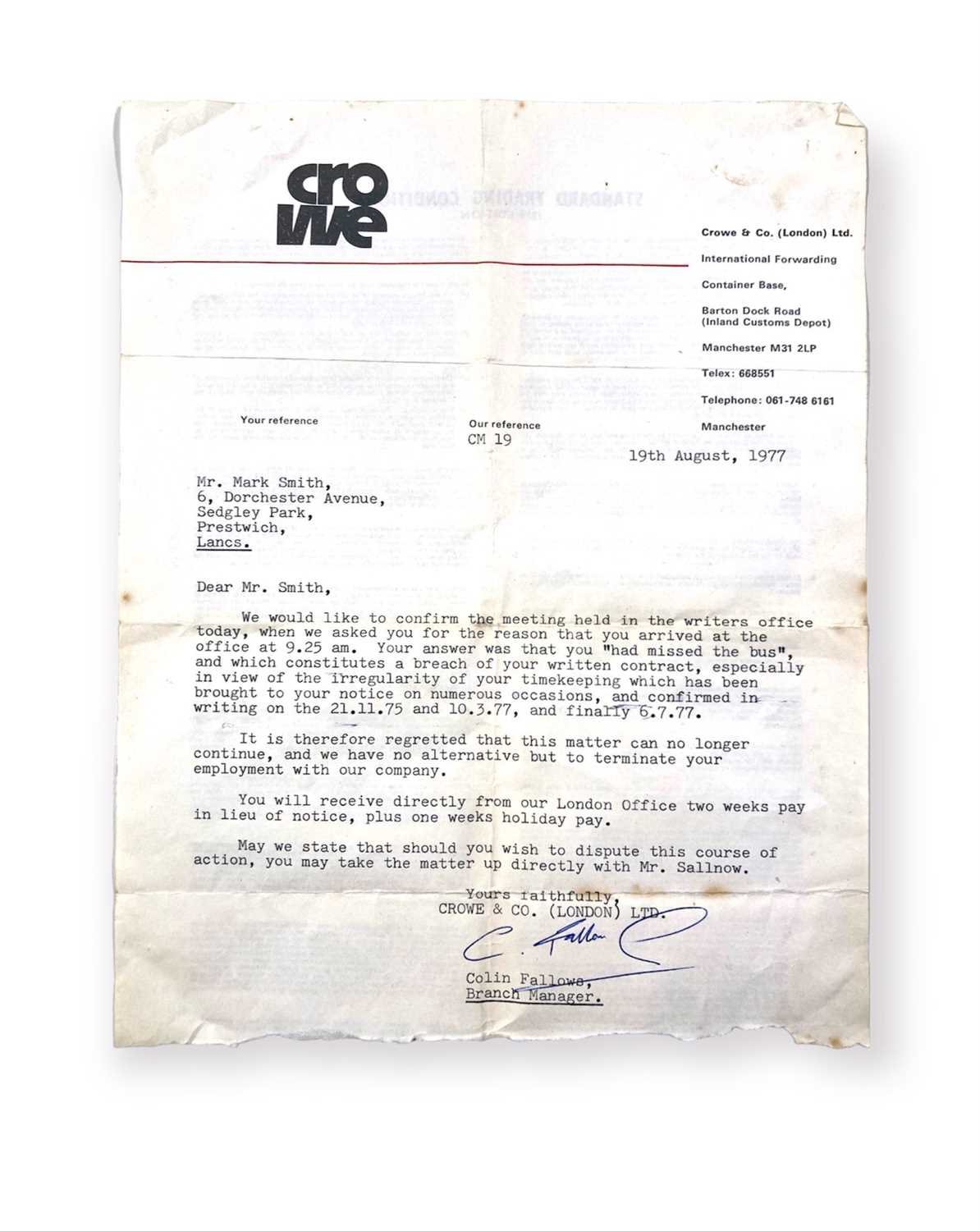 Lot 404 - MARK E, SMITH / THE FALL - MARK GETS THE SACK, AUGUST, 1977.