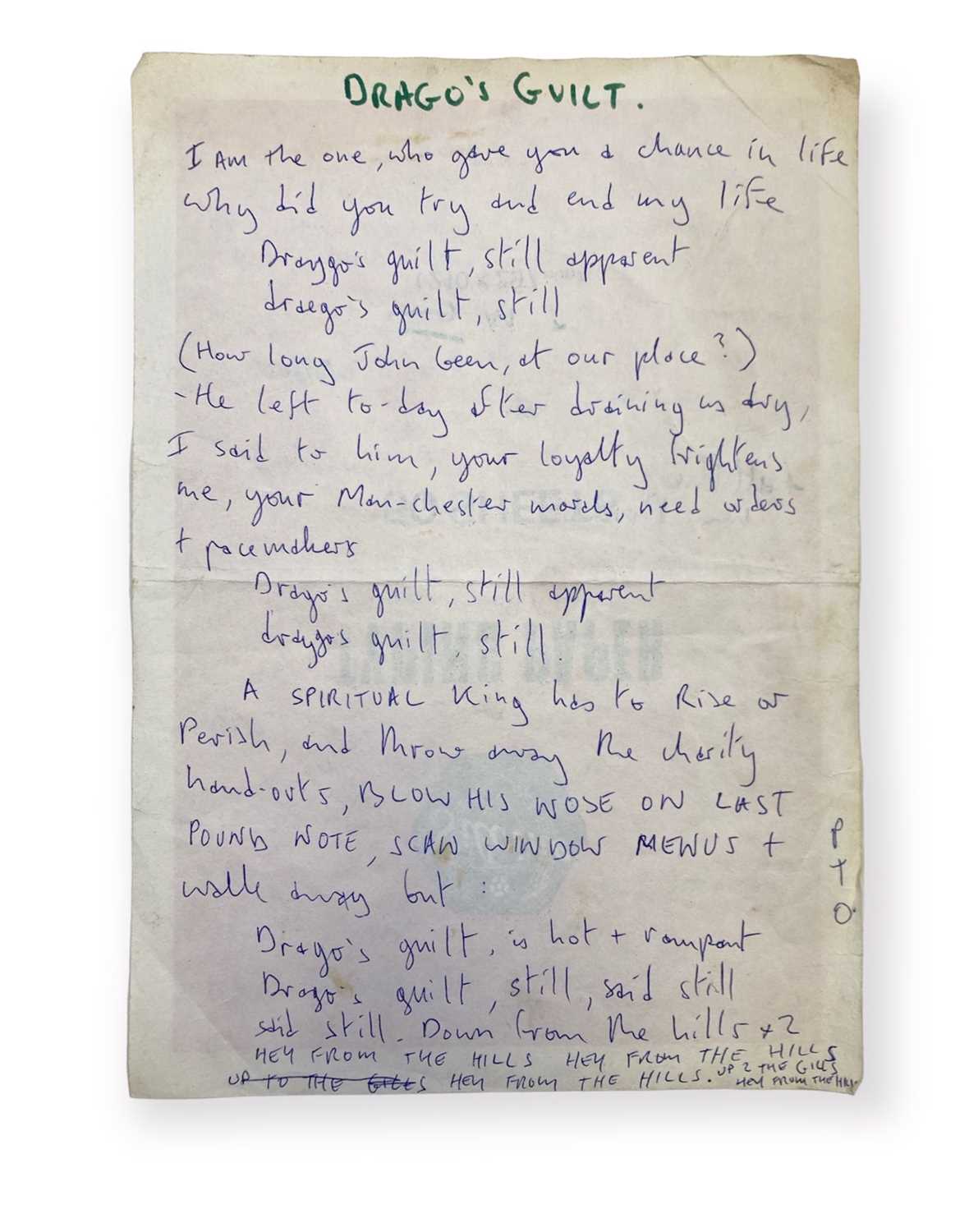 Lot 413 - MARK E. SMITH / THE FALL - HANDWRITTEN LYRICS FOR 'DRAYGO'S GUILT'.