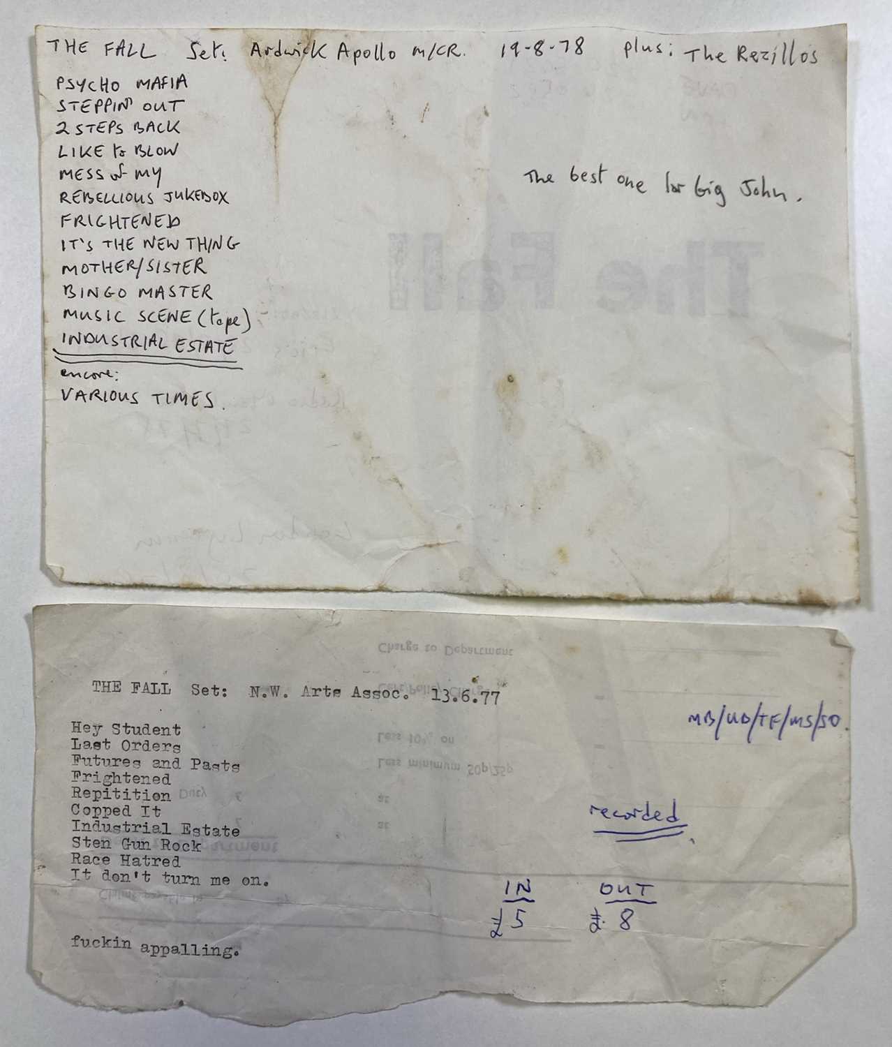 Lot 418 - MARK E. SMITH / THE FALL - HANDWRITTEN SET LIST 1978.