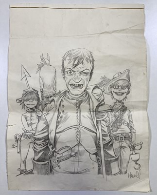 Lot 420 - MARK E. SMITH / THE FALL - ORIGINAL PENCIL DRAWING OF MES / THE GORILLAZ BY JAMIE HEWLETT.