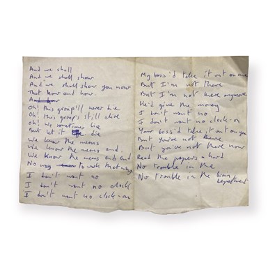 Lot 429 - MARK E. SMITH / THE FALL - HANDWRITTEN LYRICS TO AN UNRELEASED FALL SONG.