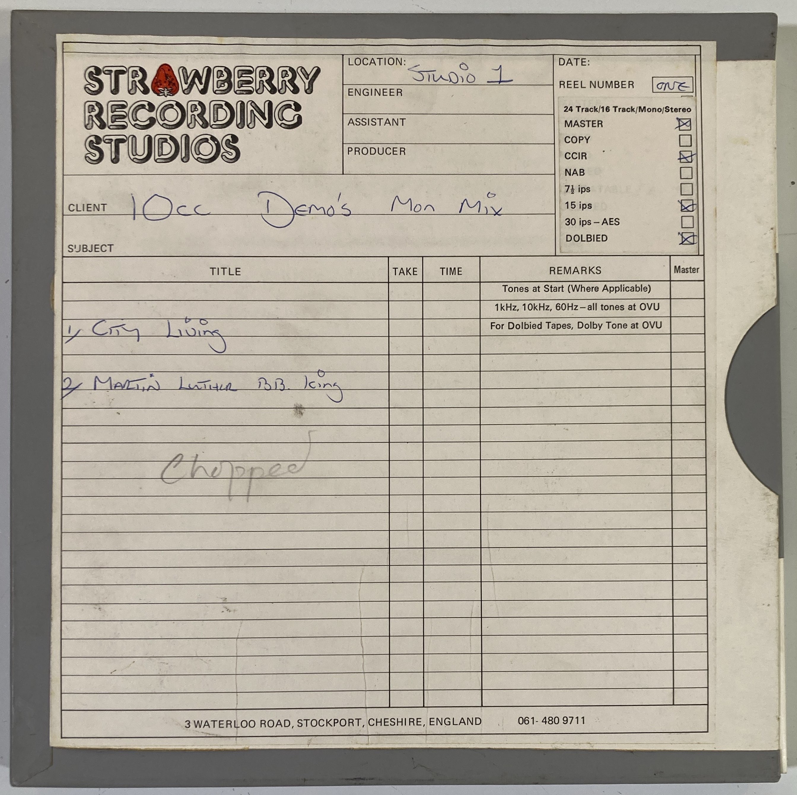 Lot 443 10CC MASTER TAPE FROM STRAWBERRY STUDIOS