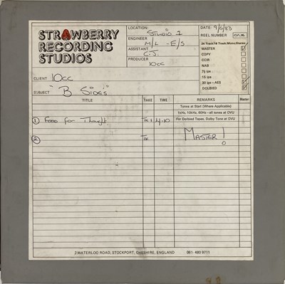 Lot 444 - 10CC MASTER TAPES FROM STRAWBERRY STUDIOS.