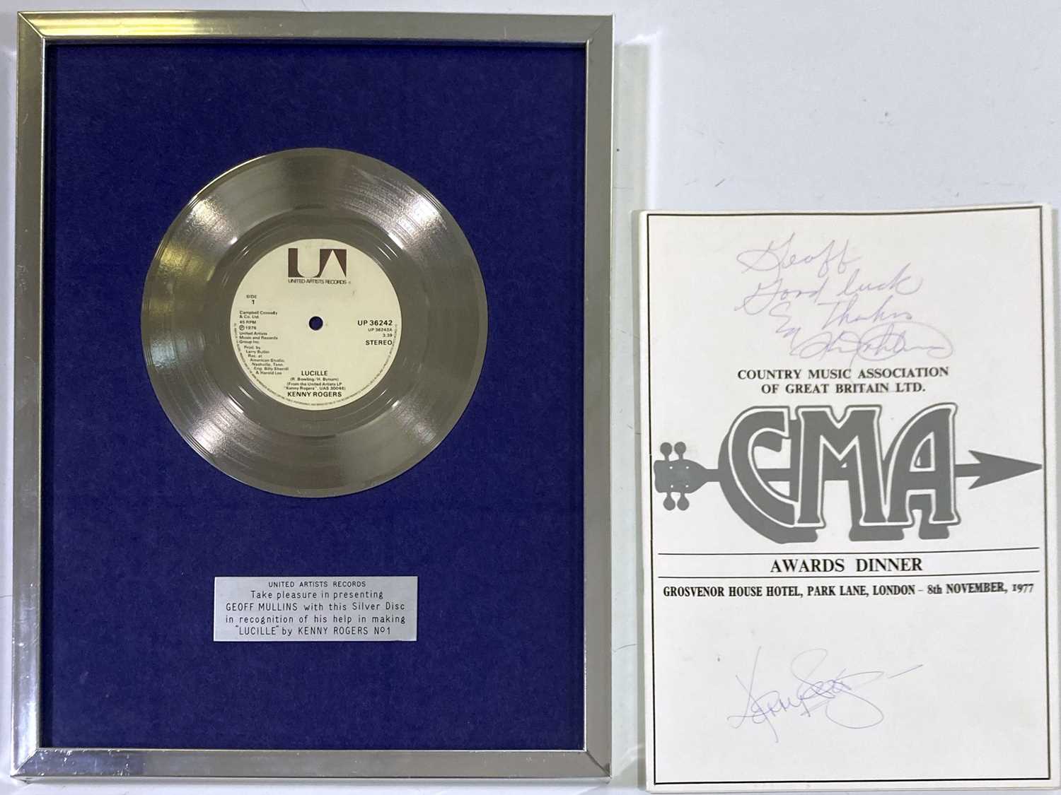 Lot 369 - KENNY ROGERS - A SALES AWARD AND A SIGNED BOOKLET.