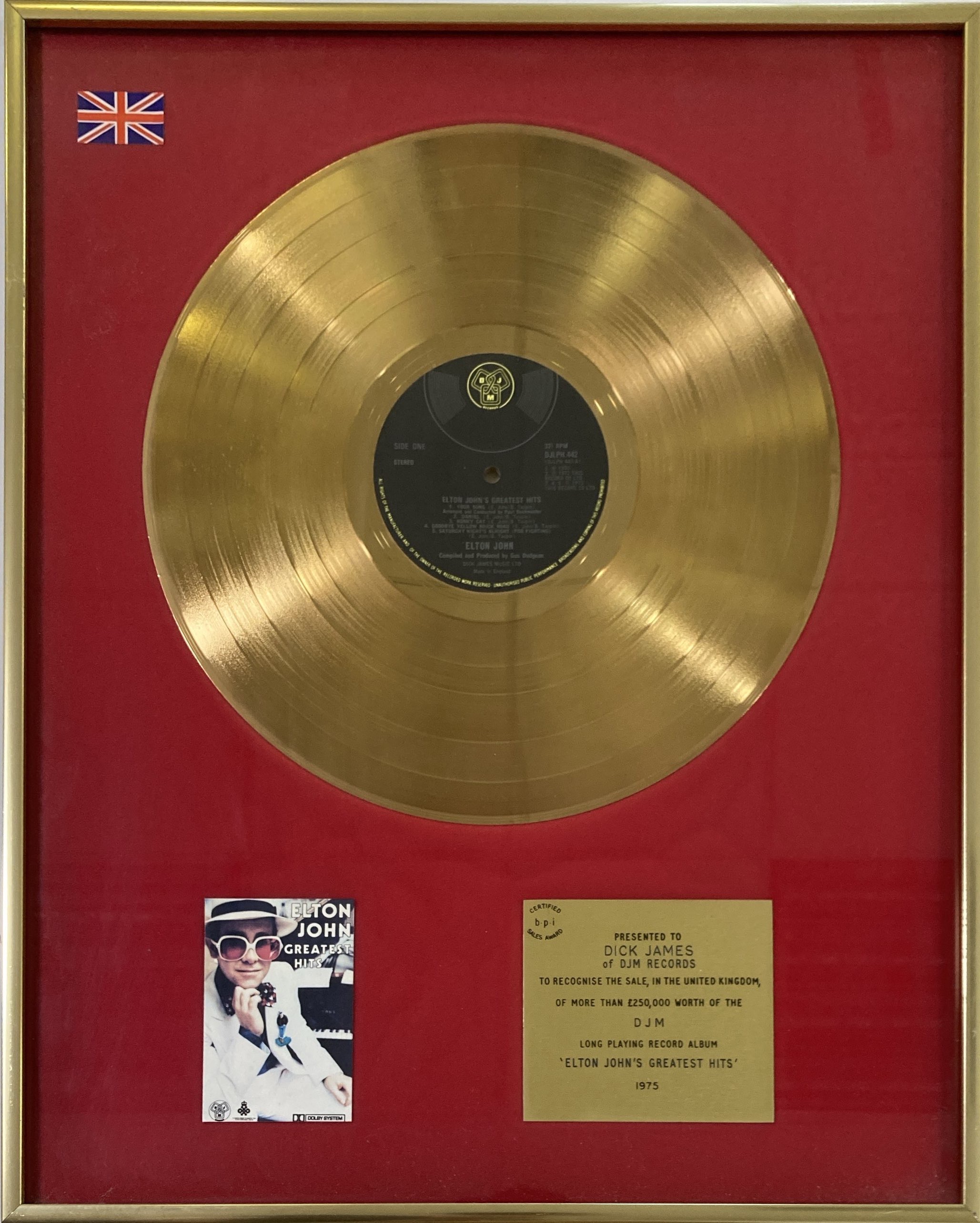 Lot 363 ELTON JOHN GREATEST HITS.. BPI AWARD.