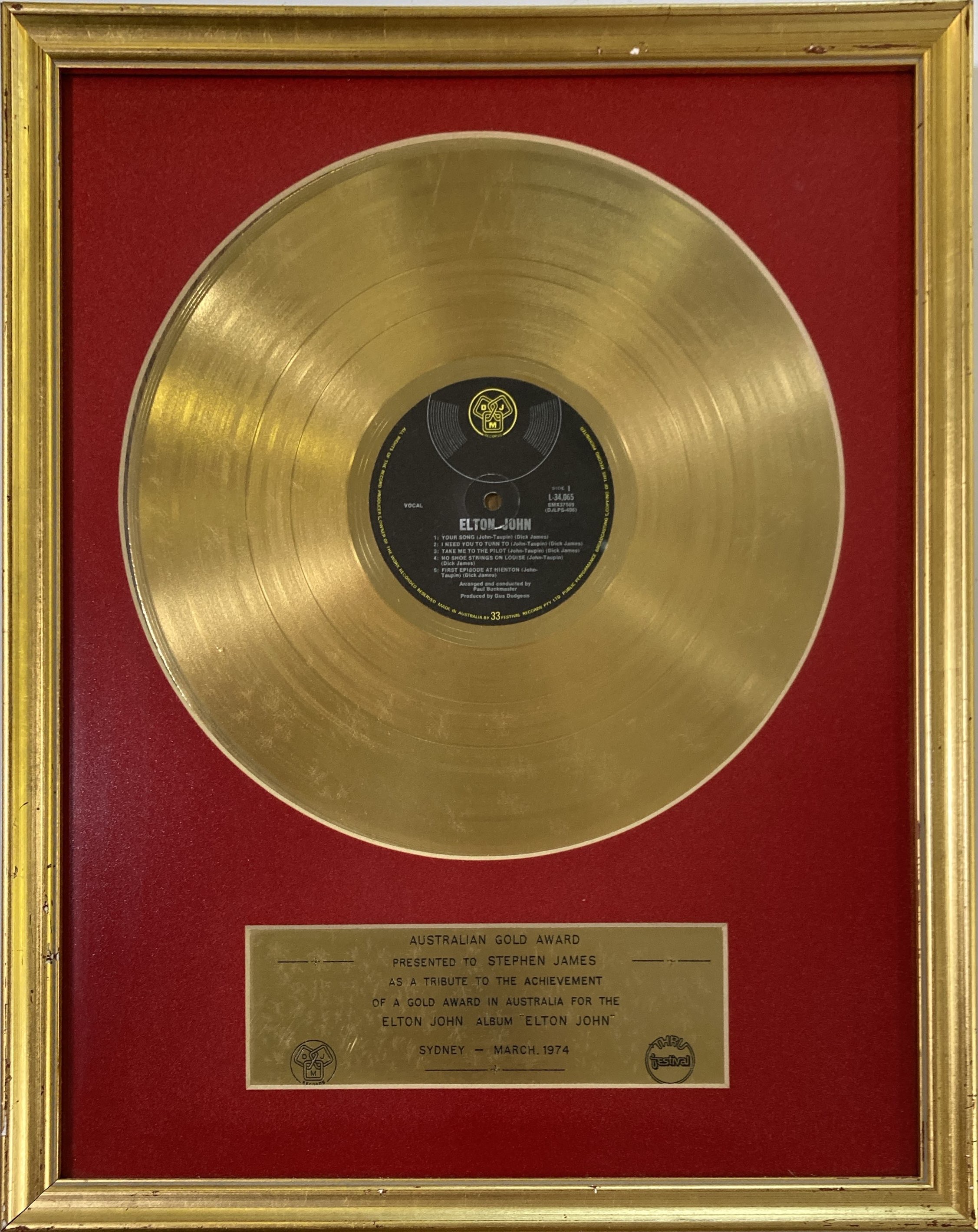 Lot 368 ELTON JOHN SELD TITLED LP.. GOLD