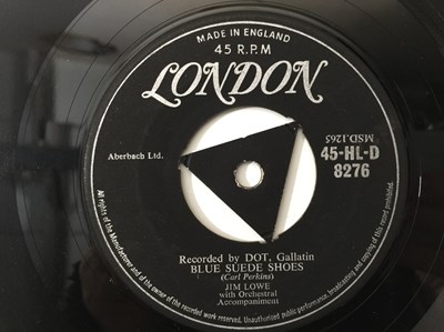 Lot 184 - JIM LOWE - BLUE SUEDE SHOES 7" (ORIGINAL UK COPY - LONDON 45-HL-D 8276)