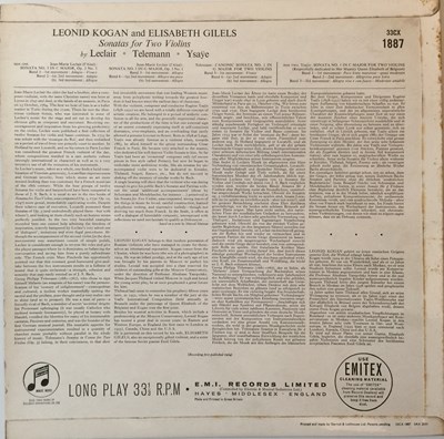 Lot 614 - LEONID KOGAN/ELISABETH GILELS - SONATAS FOR TWO VIOLINS LP (ORIGINAL UK MONO RELEASE - COLUMIBA 33CX 1887)