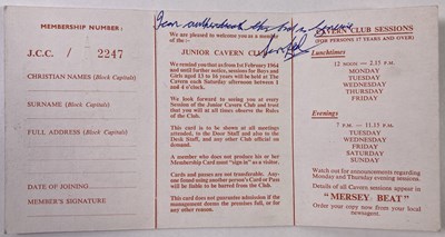 Lot 77 - THE BEATLES - CAVERN CLUB MEMBERSHIP CARD SIGNED BY SAM LEACH  / A&BC CARDS.