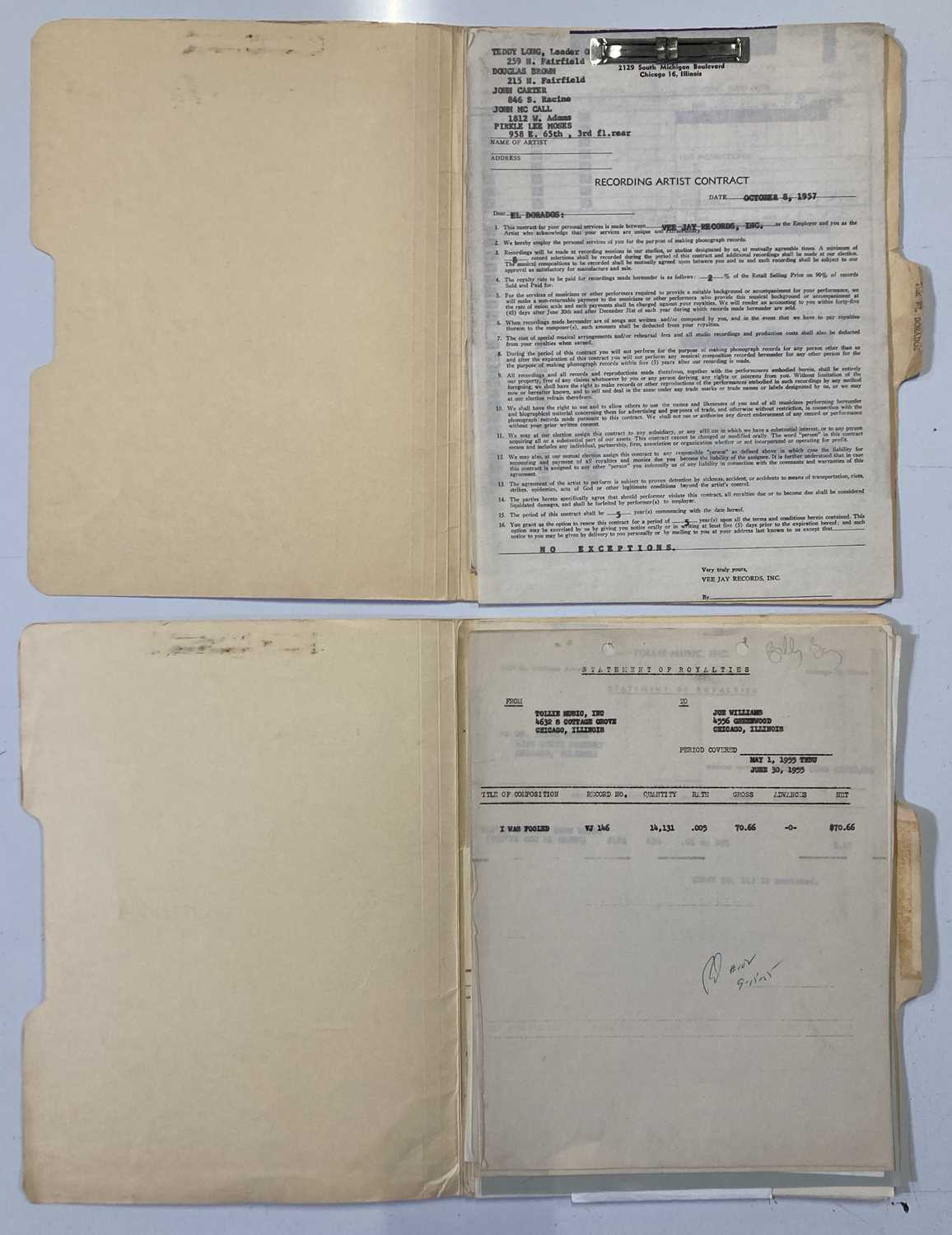 Lot 329 - ROCK AND ROLL MEMORABILIA - ORIGINAL RECORDING CONTRACTS AND DOCUMENTS.