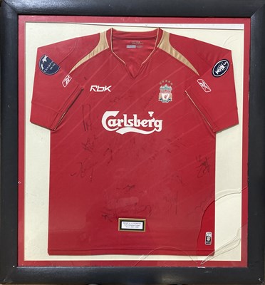 Lot 201B - LIVERPOOL FC SIGNED 2005 SHIRT AND '100 PLAYERS' DISPLAY.