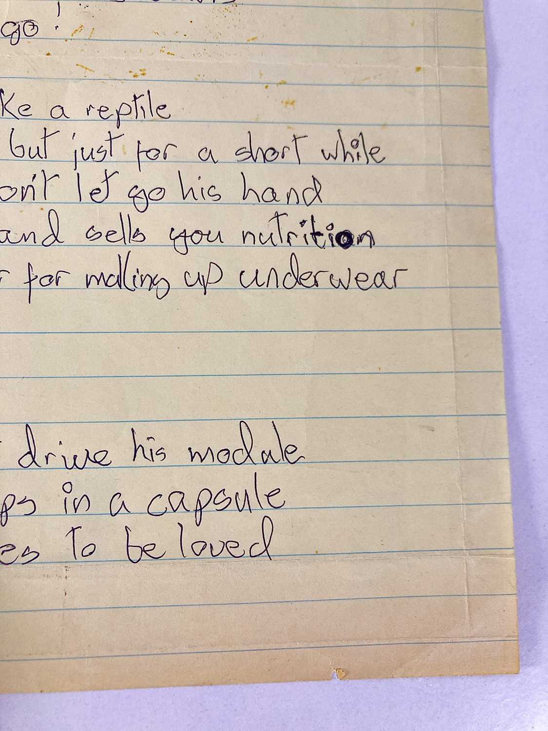 Lot 427 DAVID BOWIE HANDWRITTEN LYRICS FOR 'JEAN