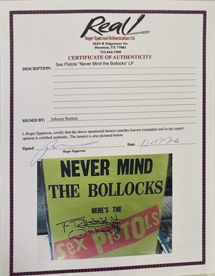 Lot 283 - THE SEX PISTOLS - NMTB SLEEVE SIGNED BY JOHNNY ROTTEN.