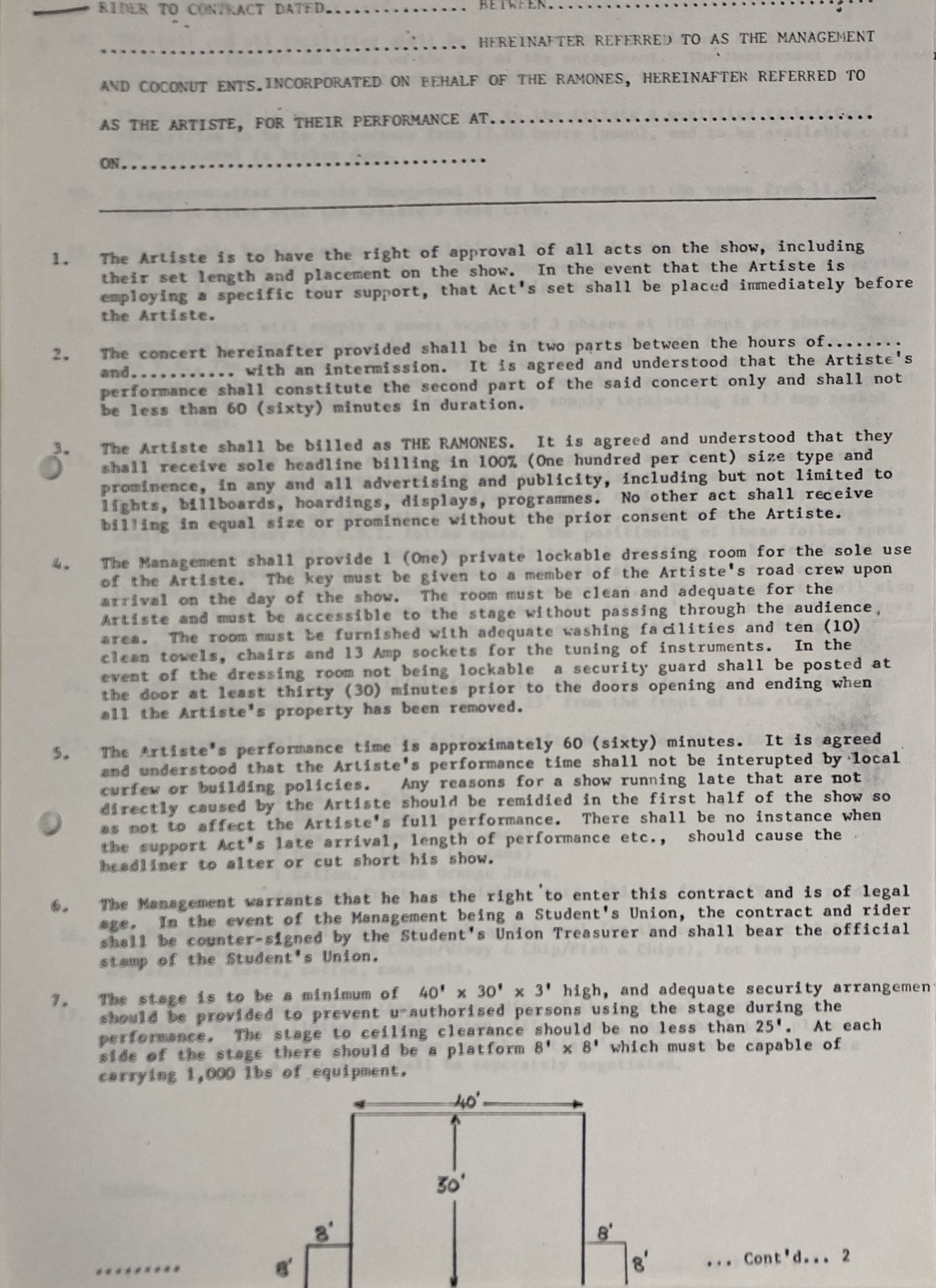 Lot 417 - THE RAMONES - A 1978 CONTRACT/RIDER.