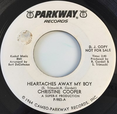 Lot 34 - CHRISTINE COOPER - HEARTACHES AWAY MY BOY 7" (US PROMO - PARKWAY P-983)