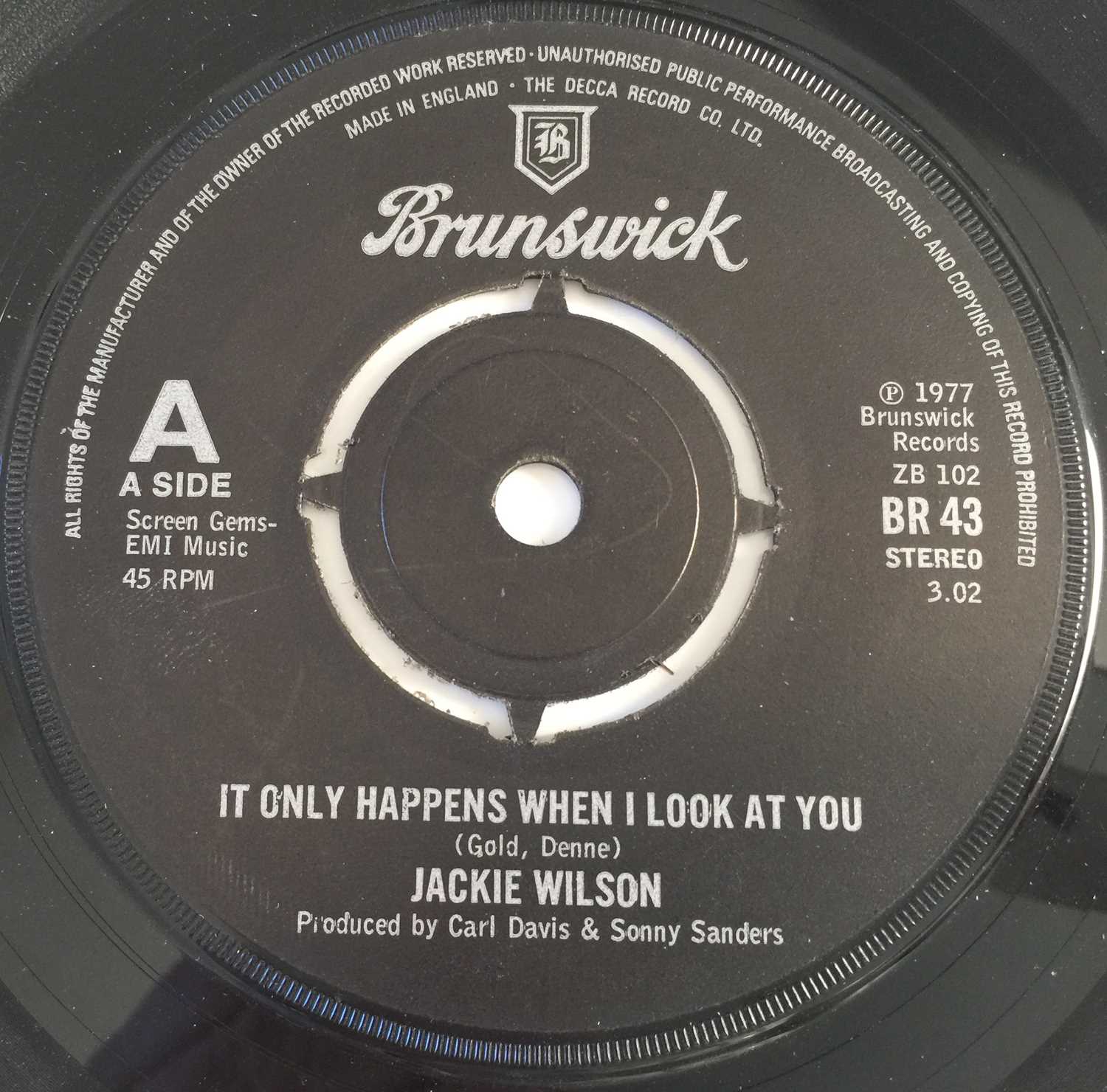 Lot 46 - JACKIE WILSON - IT ONLY HAPPENS WHEN I LOOK AT YOU 7" (UK BRUNSWICK - BR43)