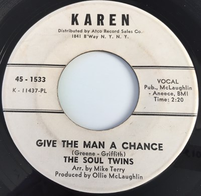 Lot 50 - THE SOUL TWINS - QUICK CHANGE ARTIST/ GIVE THE MAN A CHANCE 7" (US PROMO - KAREN 45-1533)