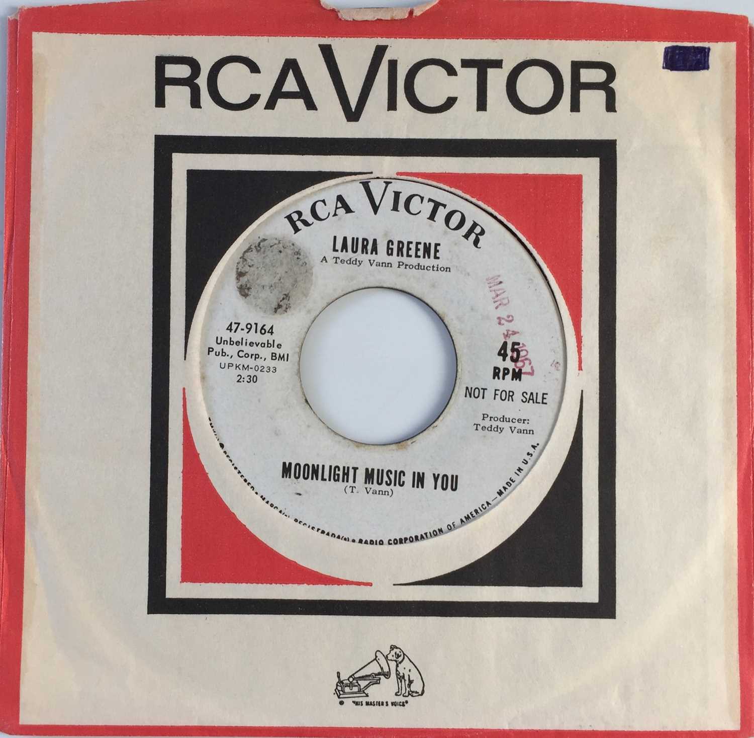 Lot 232 - LAURA GREENE - MOONLIGHT MUSIC IN YOU C/W LOVE IS STRANGE (RCA VICTOR - PROMO - 47-9164)