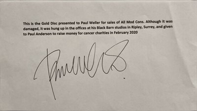 Lot 571 - THE JAM - PAUL WELLER'S OFFICIAL BPI GOLD DISC AWARD FOR ALL MOD CONS.