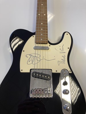 Lot 274 - BLACK SQUIER FENDER TELECASTER GUITAR SIGNED BY JO SATRIANI AND STEVE VAI