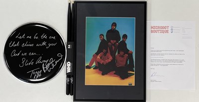 Lot 485 - OASIS - SIGNED DRUMSKIN AND DRUMSTICKS / MICRODOT PRINT.