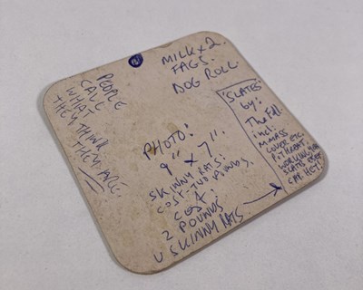 Lot 437 - MARK E. SMITH / THE FALL - MARK'S DESIGNS FOR THE 'SLATES' COVER - ON A BEERMAT.