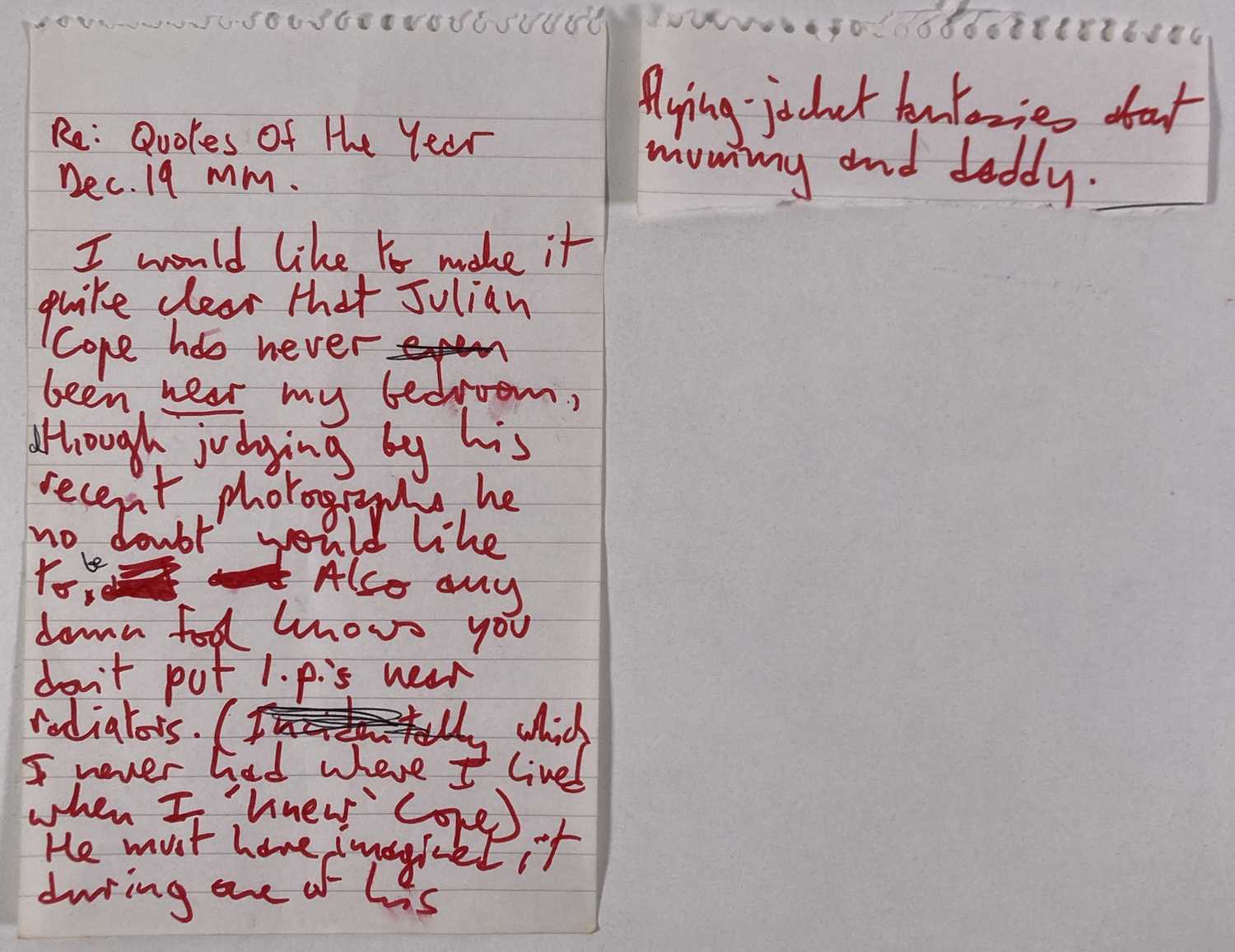 Lot 438 - MARK E. SMITH / THE FALL - HANDWRITTEN LETTER BY MES ABOUT JULIAN COPE.