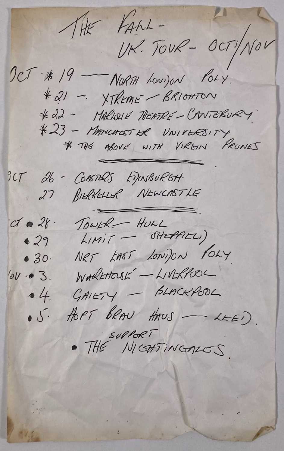 Lot 444 - MARK E. SMITH / THE FALL - 1981 TOUR DATES SHEET.