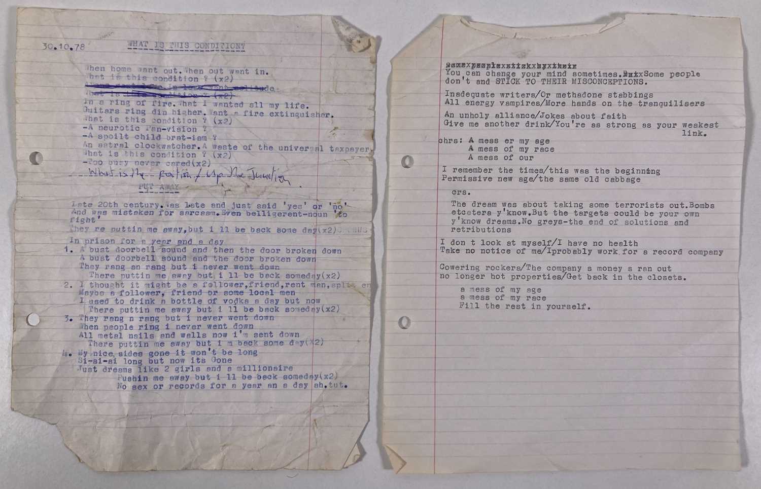 Lot 449 - MARK E. SMITH / THE FALL - POSSIBLY UNPUBLISHED LYRICS BY MES.