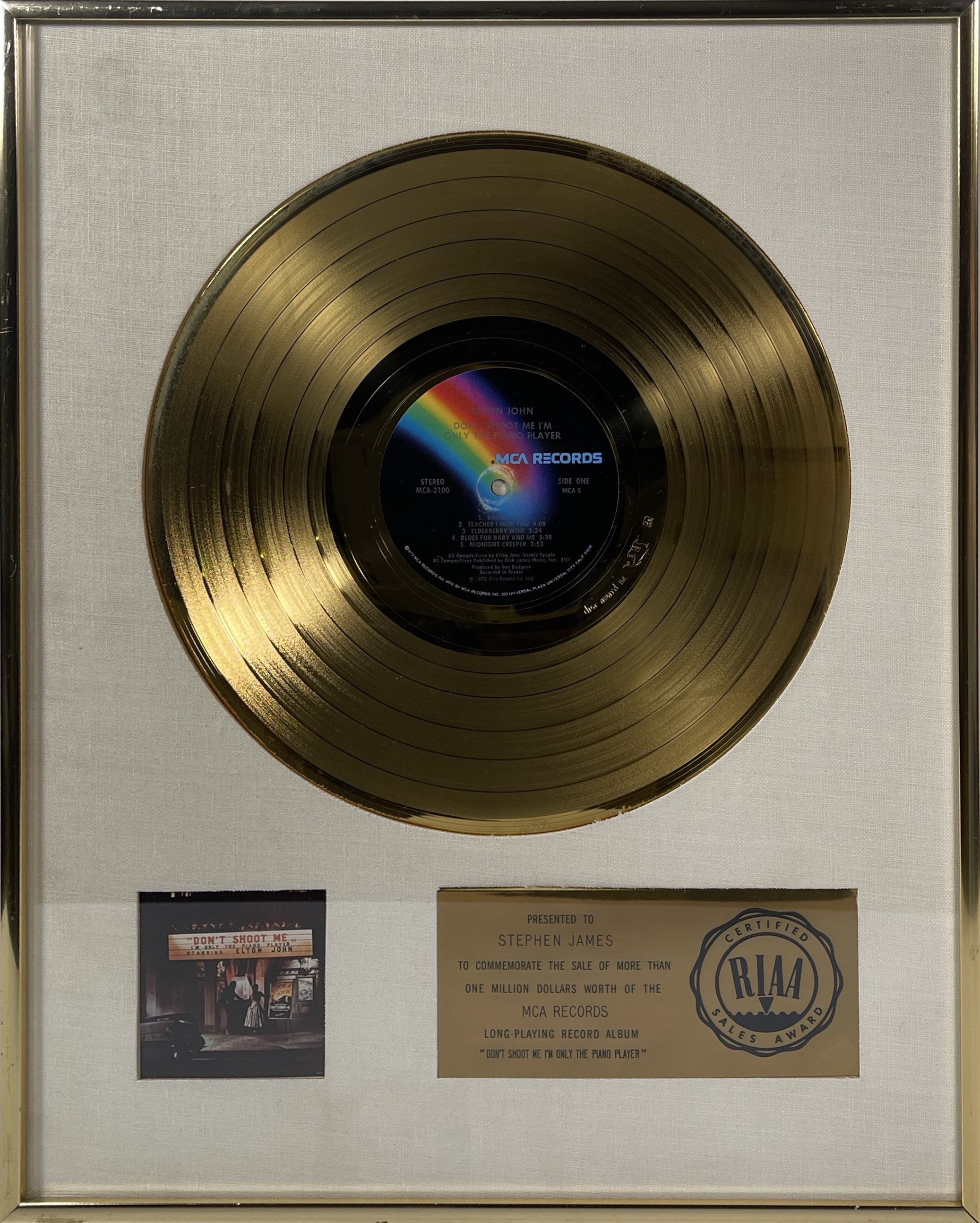 Lot 325 - ELTON JOHN - RIAA GOLD DISC AWARD FOR 'DON'T