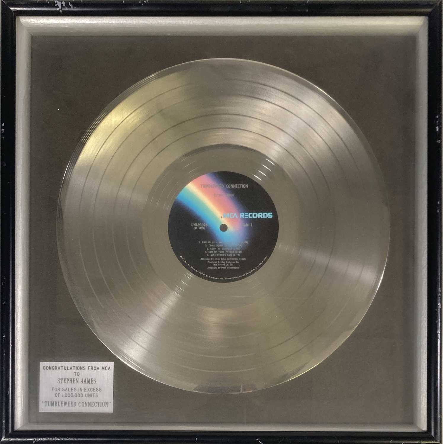 Lot 342 - ELTON JOHN - MCA DISC AWARD FOR 'TUMBLEWEED CONNECTION'.