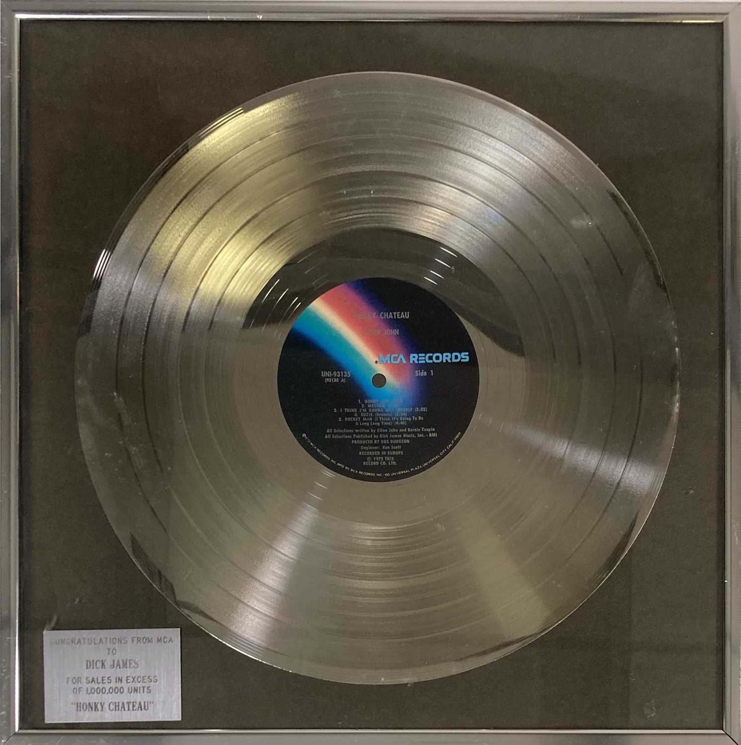 Lot 345 - ELTON JOHN - IN HOUSE MCA SILVER DISC AWARD FOR HONKY CHATEAU.