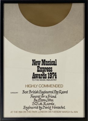 Lot 322 - ELTON JOHN - NME AWARD 1974 'FUNERAL FOR A FRIEND'.