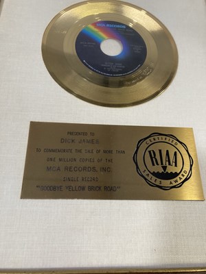 Lot 348 - ELTON JOHN - RIAA GOLD DISC AWARD - 'GOODYE YELLOW BRICK..'.