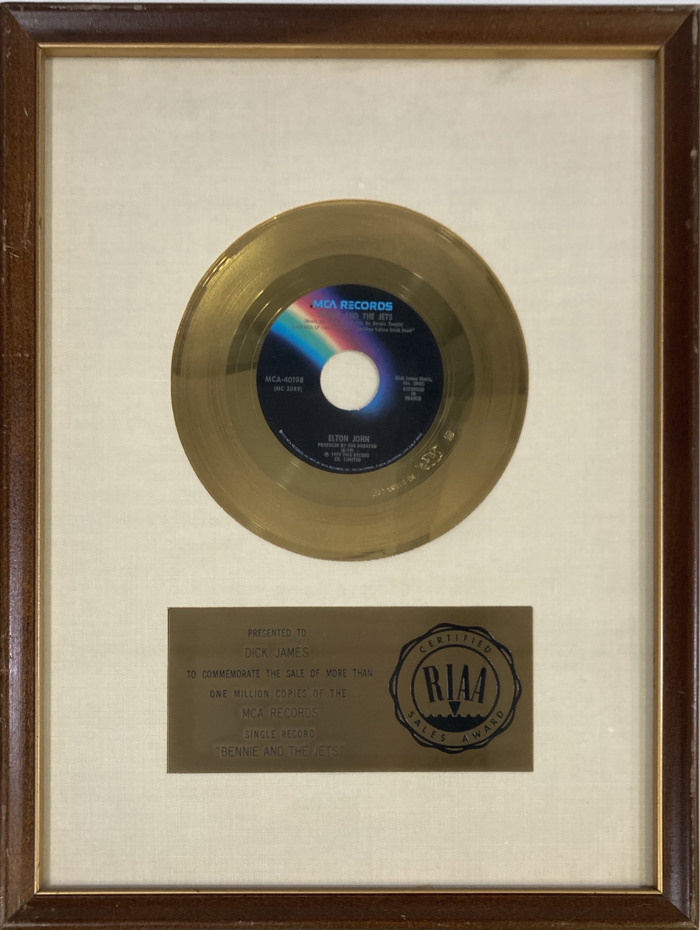 Lot 349 - ELTON JOHN - RIAA GOLD DISC AWARD FOR BENNY