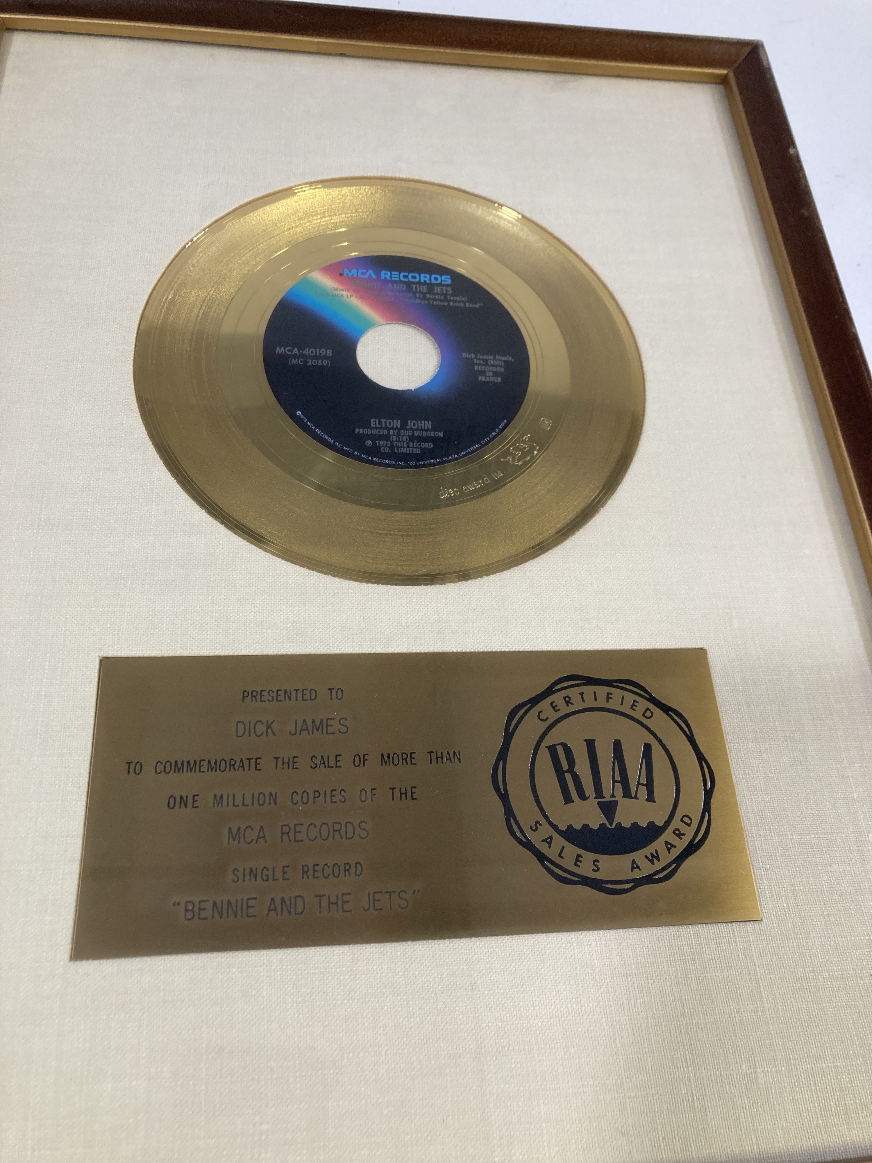 Lot 349 - ELTON JOHN - RIAA GOLD DISC AWARD FOR BENNY