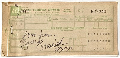 Lot 143 - THE BEATLES - A BEA FLIGHT TICKET SIGNED AND AMENDED BY GEORGE HARRISON.