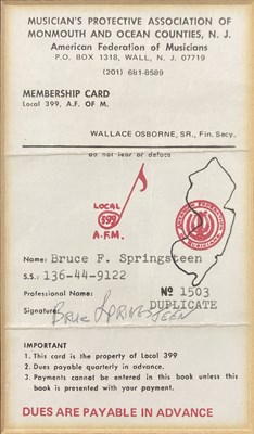 Lot 524 - BRUCE SPRINGSTEEN - MUSICIAN'S UNION MEMBERSHIP CARD.