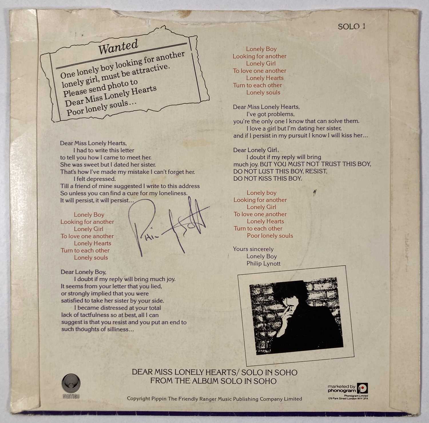 Lot 302 - THIN LIZZY - A 7" SINGLE SIGNED BY PHIL LYNOTT.