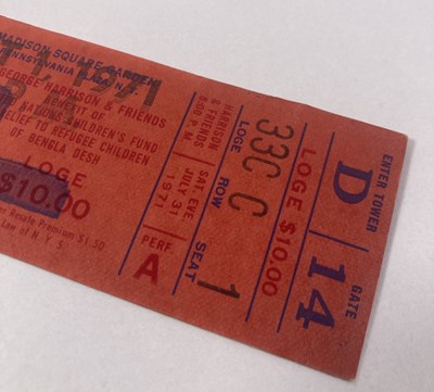 Lot 112 - THE BEATLES / GEORGE HARRISON - COMPLETE TICKET FOR THE CONCERT FOR BANGLADESH - 1971.