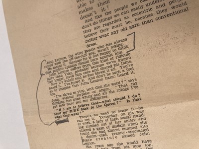 Lot 148 - THE BEATLES - AN INTERVIEW PROOF ANNOTATED AND SIGNED BY JOHN LENNON.