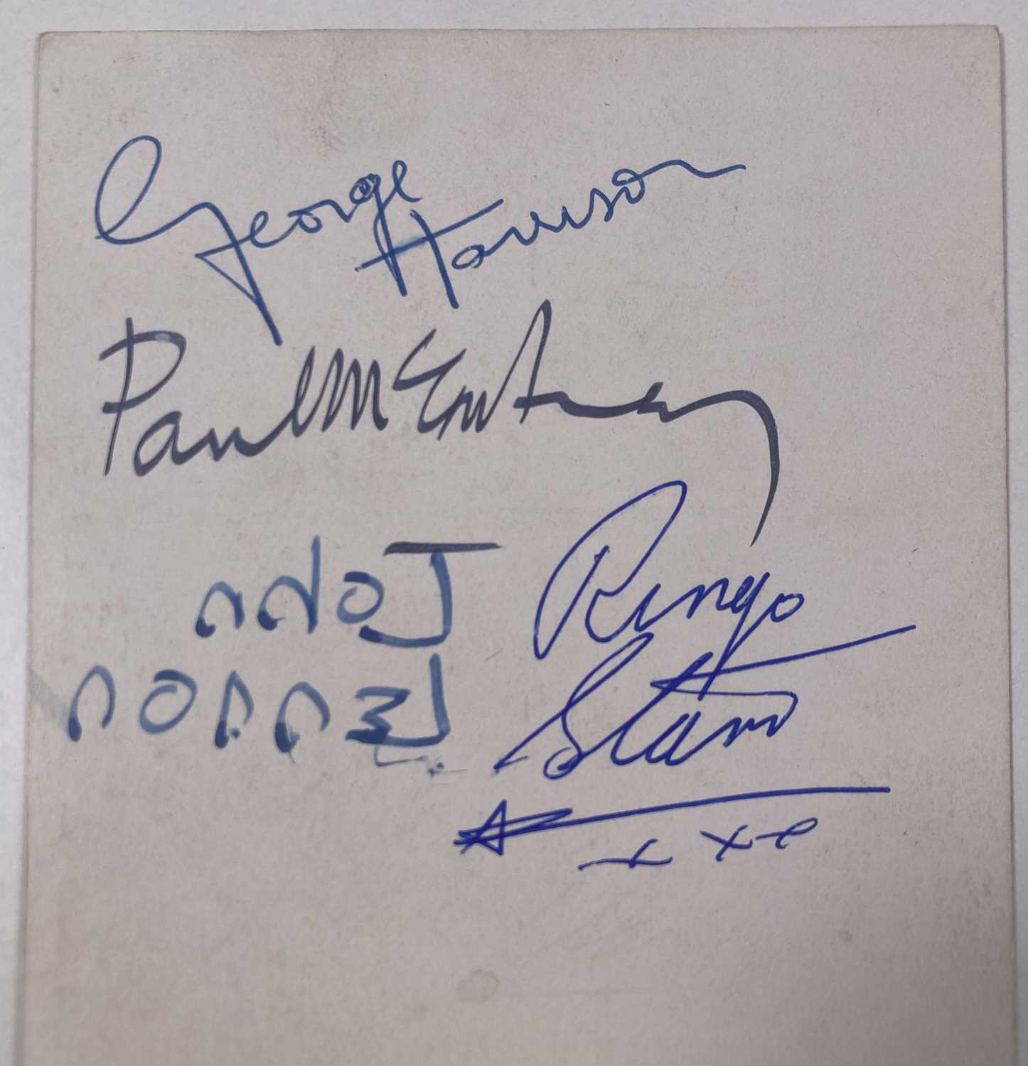 Lot 149 - THE BEATLES - A FULL SET OF AUTOGRAPHS INC WITH JOHN LENNON BACKWARD SIGNATURE.
