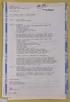 Lot 551 - CONTRACTS AND CONCERT BOOKING ARCHIVE - LEONARD COHEN, 1985-1988.