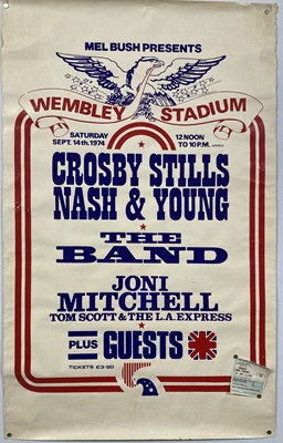 Lot 244 - JONI MITCHELL / CSN&Y / THE BAND - A 1974 CONCERT POSTER AND TICKET.