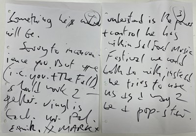 Lot 451 - MARK E SMITH / THE FALL - CORRESPONDENCE FROM MARK INC SIGNED LETTERS.