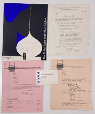 Lot 93 - THE FIRST BRITISH FESTIVAL OF SONG 1965 - PROGRAMME, DUTY PASS, PRESS RELEASE, LETTER & DETAILED SCHEDULE.